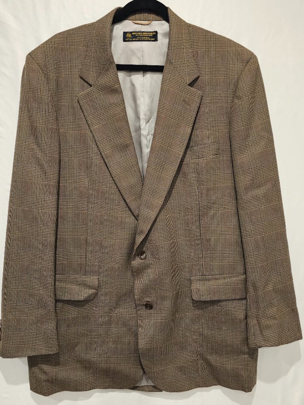 Vintage Brooks Brothers Wool Sport Coat 46L Plaid Houndstooth Brown Blazer